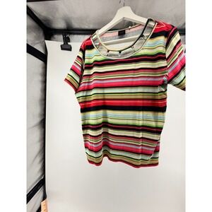 Rafaella Studio Womens Multi Color Striped Cotton Top Metal Ring Neckline XXL